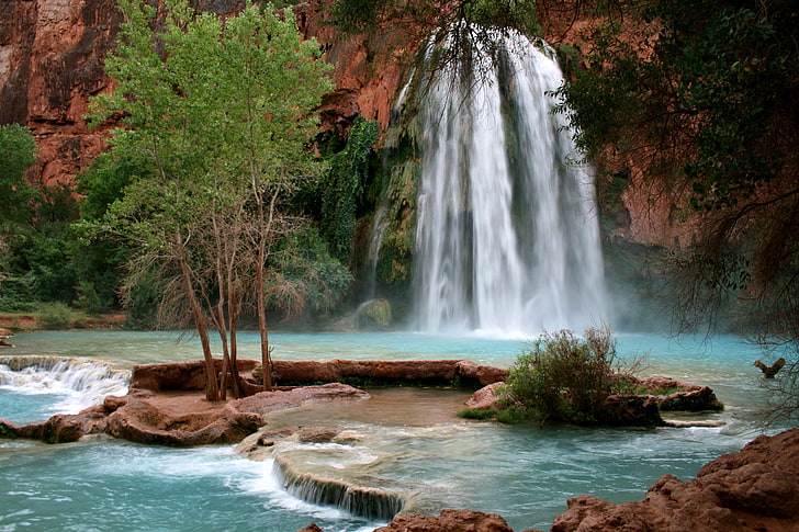 waterfalls and green leafed trees, nature, Arizona, mountain river