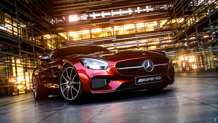 red Mercedes-Benz C-class, lights, AMG, coupe, Mersedes-Benz