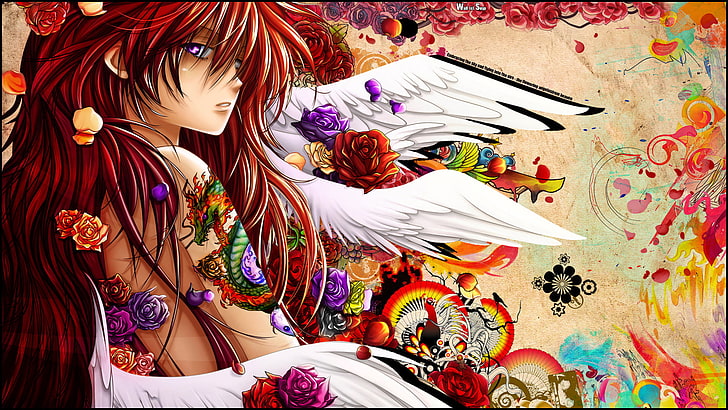 red haired anime character with white wings, angel, Snyp, original characters, HD wallpaper