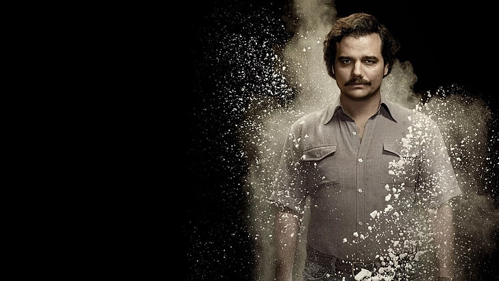 men's grey button-up t-shirt, Narcos, Pablo Escobar, movies, portrait