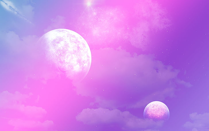 two moons, purple, space, stars, planet, astronomy, sky, nature, HD wallpaper