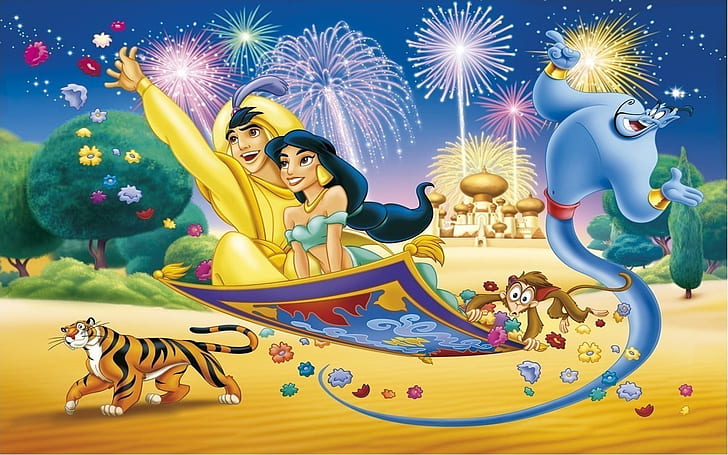 Aladdin And Princess Jasmina Flying On The Magic Carpet Abu Monkey Tiger And Genie Photo Wallpaper Hd 1920×1200