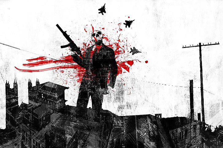 weapons, blood, Skull, gun, illustration, dirty, grunge, people, HD wallpaper