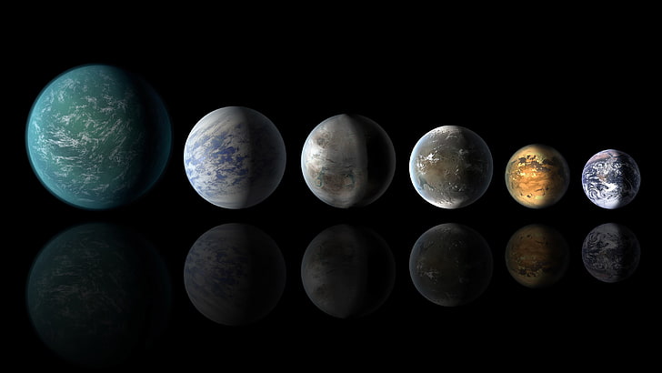 five Kepler planets and Earth, digital art, Solar System, simple background