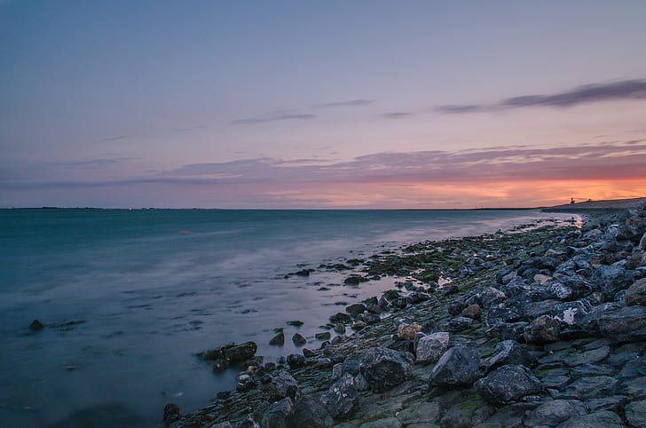 landscape photo of rocks near seashore, zeeland, sunset, nature