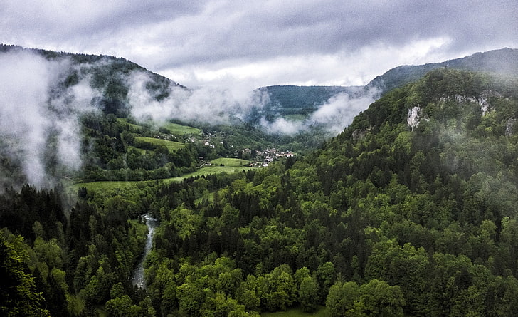 Clouds in the Valley, Europe, Switzerland, Dark, Green, Mountain