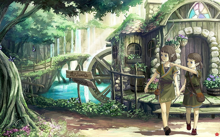 anime girls, fantasy art, real people, full length, architecture