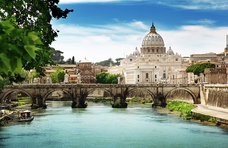 calm body of water, the sky, clouds, nature, river, Rome, architecture