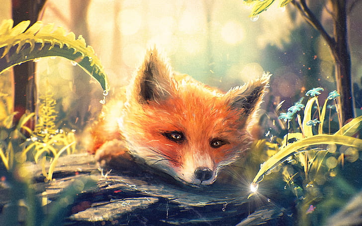 Art painting, fox in forest, water droplets, flowers