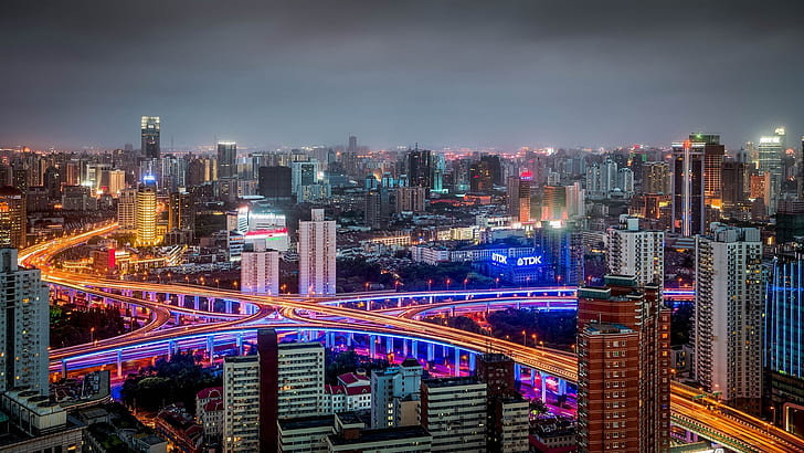 Huangpu, Shanghai, China, buildings, roads, night, lights, HD wallpaper