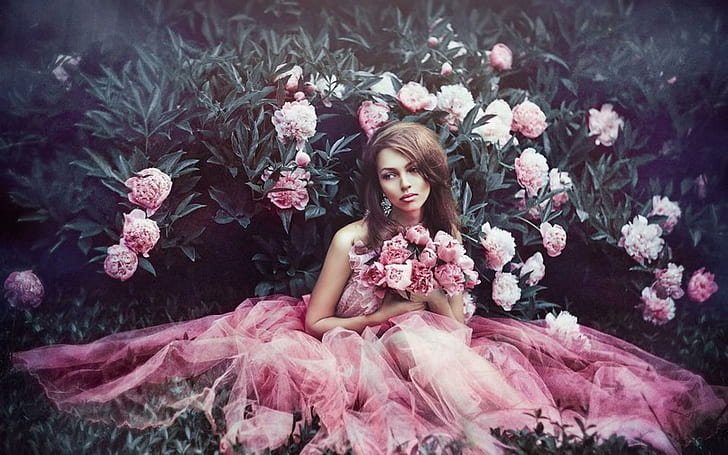 Elegant Girl in pink, dress, flowers, cute, HD wallpaper