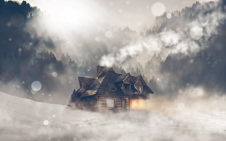 gray 2-storey house, nature, landscape, winter, snow, mist, cabin, HD wallpaper