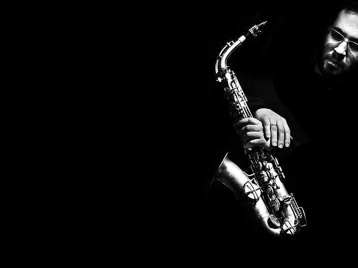 saxophone, face, b/W, black and white, man.hands, music, jazz Music, HD wallpaper
