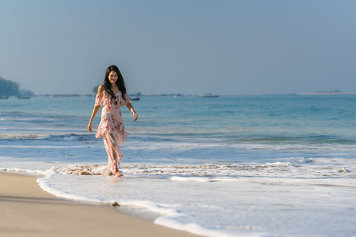 beach, women outdoors, Asian, model, sea, land, water, full length, HD wallpaper