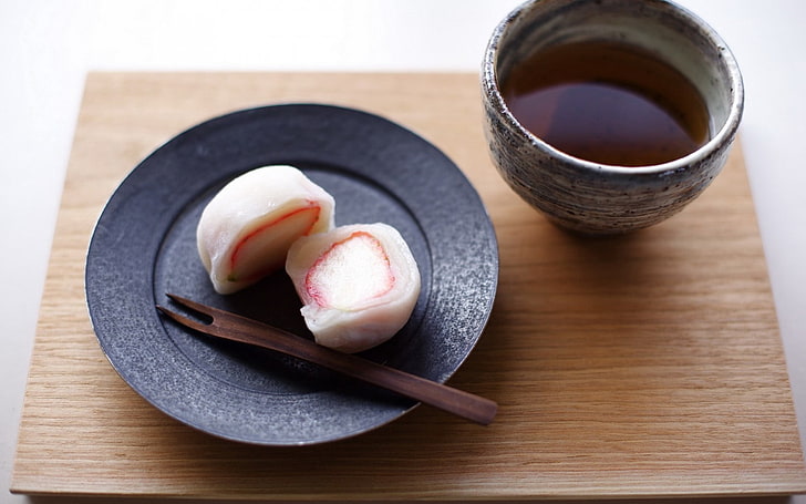 strawberry mochi and tea, food, dinner, sushi, gourmet, dessert