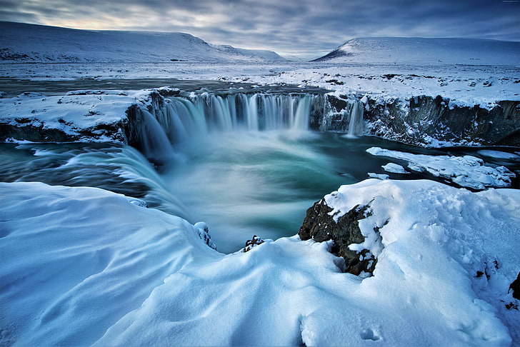 winter, Iceland, waterfall, Godafoss, 5k