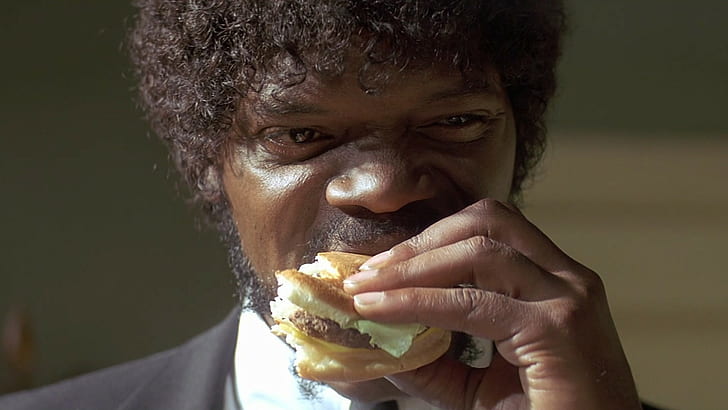burgers, eating, Pulp Fiction, Jules Winnfield, Samuel L. Jackson, HD wallpaper