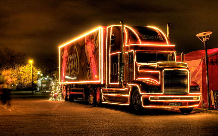new year snow trucks coca cola, illuminated, night, transportation, HD wallpaper