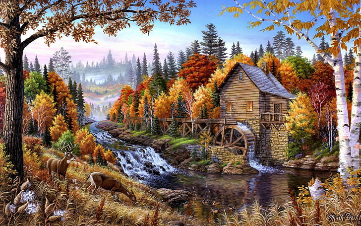 Fall Mill Wooden Mountain River Waterfall Forest With Pine Trees, Deer Art Hd Wallpaper 1920×1200