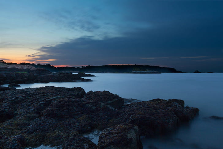 rock formation near body of water under blue skies, sunrise, seascape, HD wallpaper