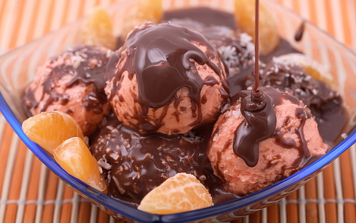 chocolate ice cream, ice-cream, stream, balls, tangerine, dessert, HD wallpaper