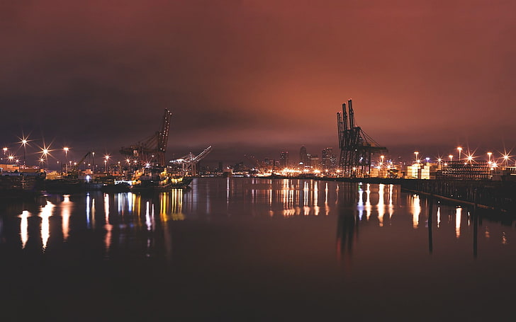 cityscape by water, ports, Hamburg, illuminated, reflection, night