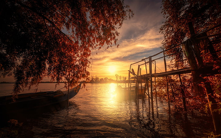 orange trees, two boat on body of water, nature, landscape, fall, HD wallpaper