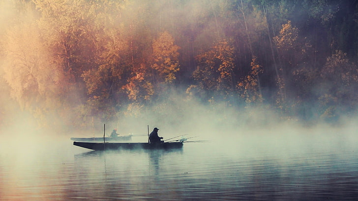 black boat and trees, two men riding on boats fishing, nature