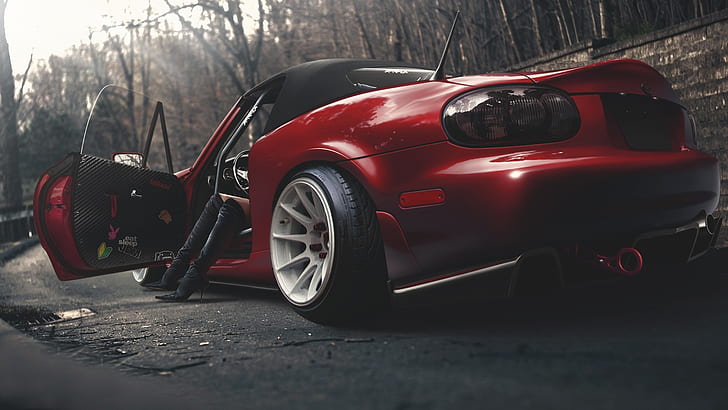 Mazda MX-5 red car back view, female legs, boots, red sports coupe, HD wallpaper