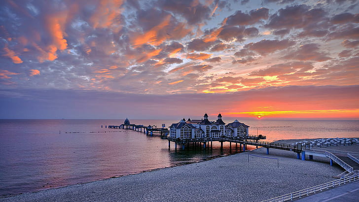 Dock Pier Buildings Sunset Sunrise Nature Sky Clouds Ocean Sea Background Pictures, HD wallpaper