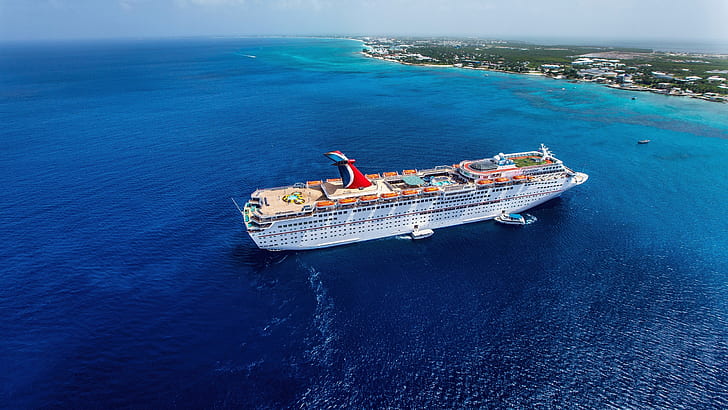 Big ship, blue sea, coast, white cruise ship