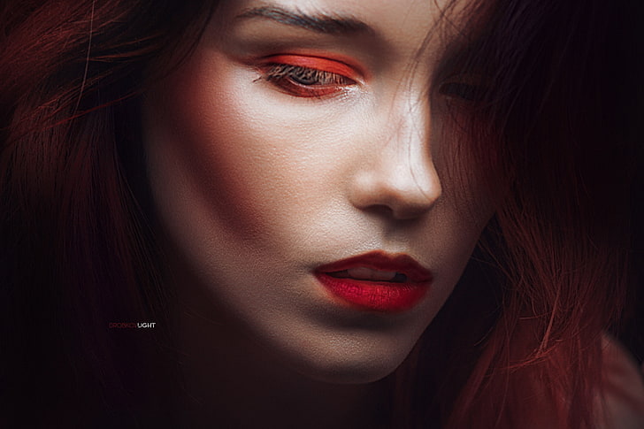 women, model, face, portrait, makeup, Alexander Drobkov, red lipstick, HD wallpaper