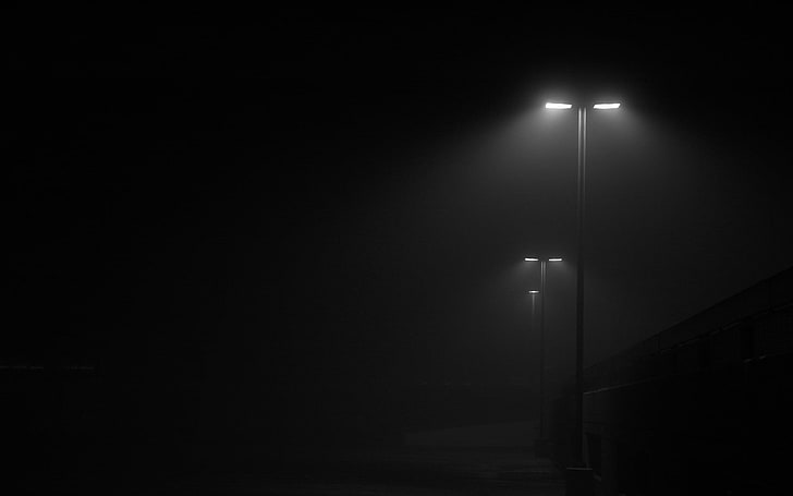 black street light, lights, monochrome, night, illuminated, lighting equipment