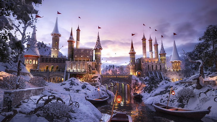 castle, winter, snow, fantasy art, fairytale, fairytale art, HD wallpaper