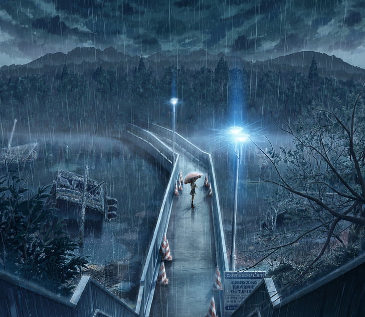 photo a person using umbrella on bridge, rain, alone, night, anime, HD wallpaper