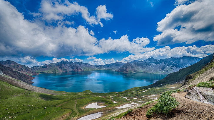 body of water, landscape, lake, mountains, China, outdoors, cloud - sky, HD wallpaper