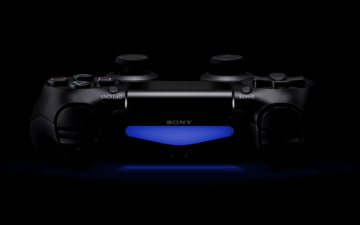 black Sony wireless game controller, PlayStation, dark, video games