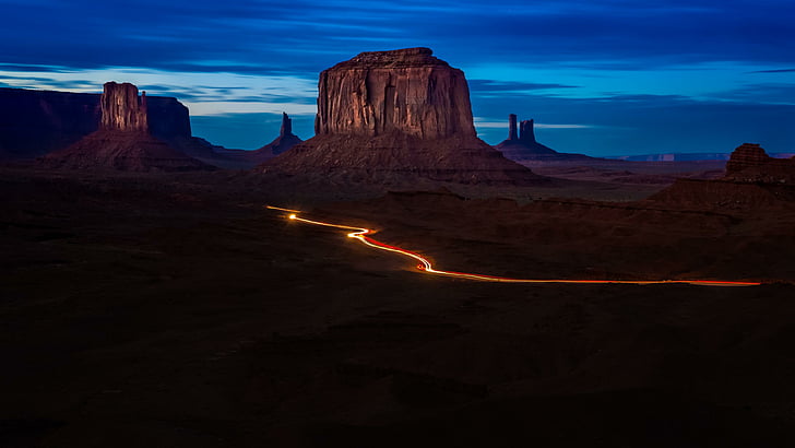 canyon, darkness, light trails, night, navajo, navajo tribal park
