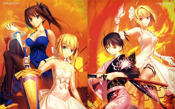 four girl's anime character illustrations collage, Type-Moon