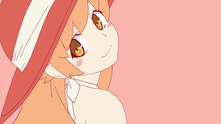 orange haired female anime character with red and white sun hat