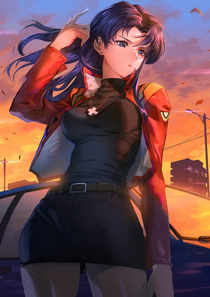 Katsuragi Misato, Neon Genesis Evangelion, red jackets, black dress, HD wallpaper