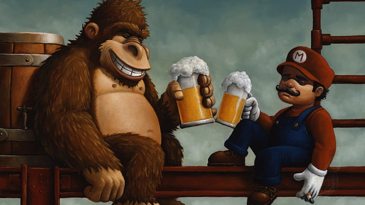 Donkey Kong and Super Mario wallpaper, humor, beer, representation