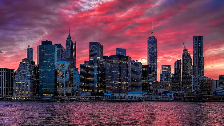 Hd Wallpaper Skyline Sunset United States Reflection Usa New York Manhattan Wallpaper Flare