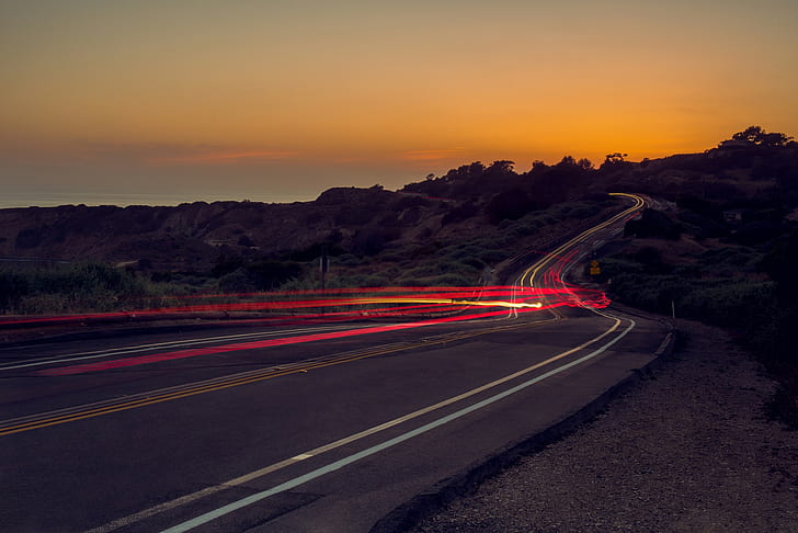 road, light trails, sunset, HD wallpaper