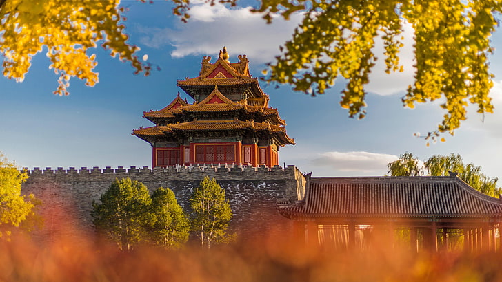 castle, autumn, forbidden city, beijing, china, asia, turret