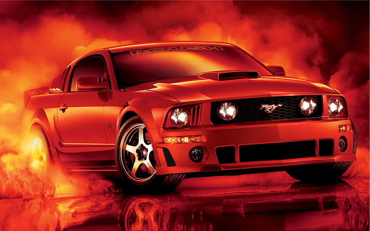 Hd Wallpaper Red Ford Mustang Coupe Reflection Tuning Smoke Drives The Front Wallpaper Flare