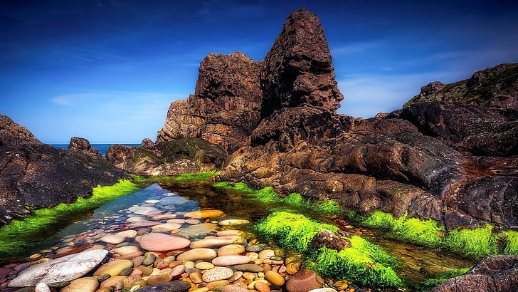 scotland, rock, gravel, sky, water, mountain, landscape, creek, HD wallpaper
