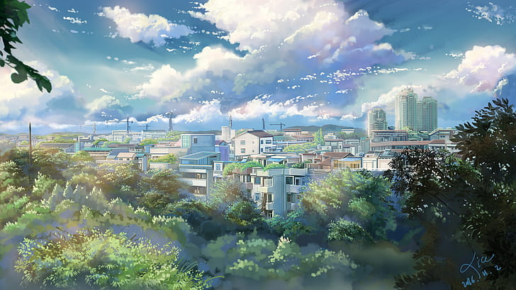 landscape, anime, cityscape, outdoors, sky, clouds, trees, 2016 (Year)