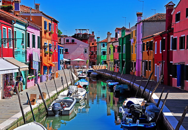 assorted speed boats, the sky, home, Italy, Venice, channel, Burano island, HD wallpaper