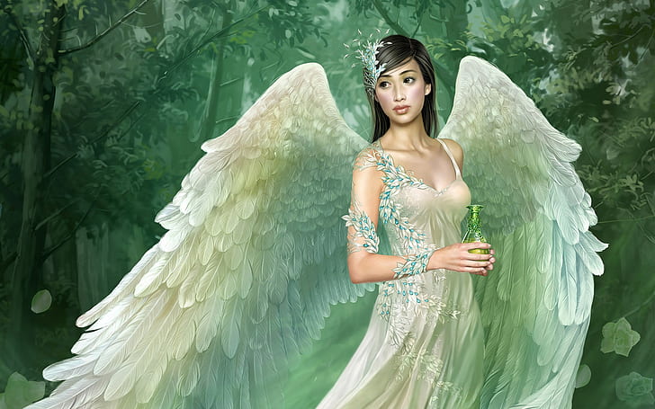 Green wings angel girl, HD wallpaper